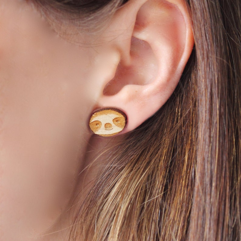 Laser Cut Wooden Sloth Stud Earrings image 4