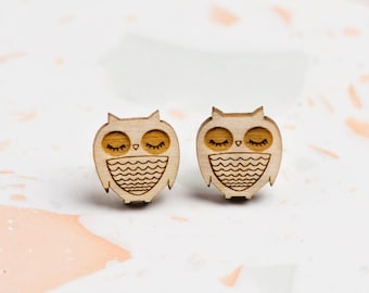 Wooden Owl Stud Earrings, Laser Cut Wood Owl Studs, Wise Owl Earrings, Owl Lover Gifts, Teenage Girl Gifts, 12th Birthday Gifts