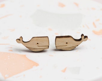 Laser Cut Wooden Whale Stud Earrings