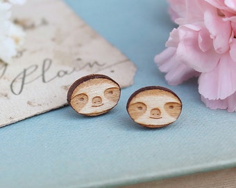 Laser Cut Wooden Sloth Stud Earrings