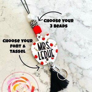 Apple Teacher Lanyard, Teacher Gift, Personalized Badge Lanyard, Lanyard with Tassel, Beaded Lanyard, Teacher ID Name Tassel, Apple Lanyard