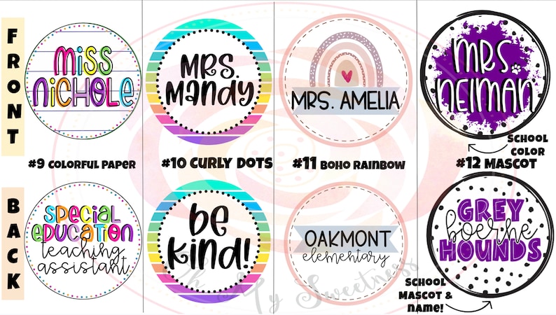 May include: Four different designs for round, printable stickers. The first sticker has a colorful paper design with the text "Miss Nichole". The second sticker has a rainbow design with the text "Mrs. Mandy". The third sticker has a rainbow design with the text "Mrs. Amelia". The fourth sticker has a purple splatter design with the text "Mrs. Heiman".