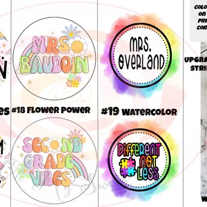 May include: A set of 2.5 inch round lanyards with different designs for teachers. The front side features the text "Mrs. [Name]" with a colorful design. The back side features a teacher-themed design with text. The lanyards come with an upgraded string, a breakaway clasp, and a tassel.