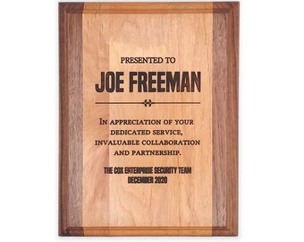 Alder and Walnut Wood Plaque, Awards, Recognition, Employee Appreciation, Wall Decor, Custom Wall Hangings, Personalized Awards, Retirement