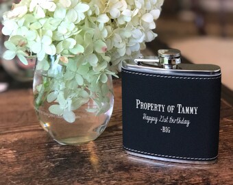 Custom Engraved Vegan Leatherette Flask, Stainless Steel Flask, Bridesmaid Gifts, Customizable Flask, Promotional Products, Groomsmen Gifts