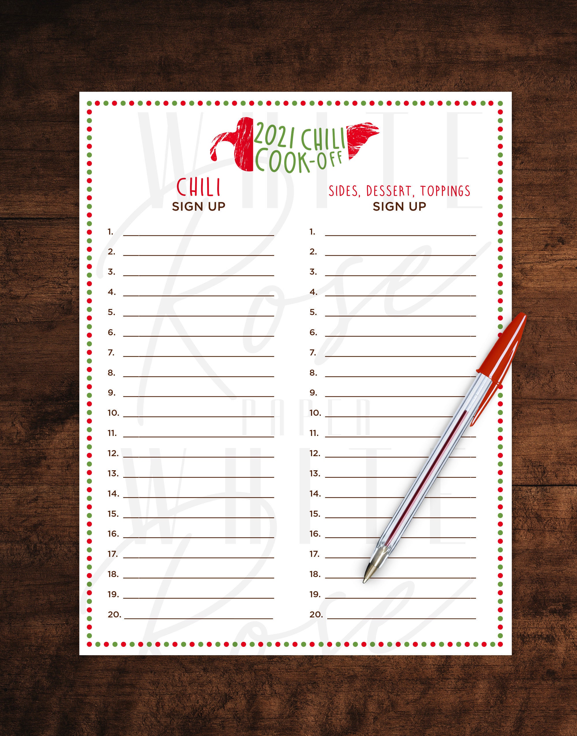 Chili Cook Off Sign Up Sheet Template