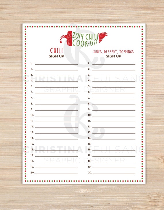 Chili Cook Off Sign Up Sheet Etsy