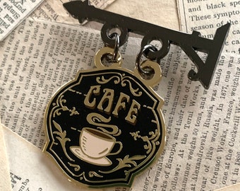 Cafe shop sign enamel pin, hanging shop sign pin, parisian cafe pin, coffee shop pin