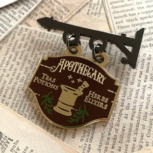 Apothecary shop sign enamel pin, hanging shop sign