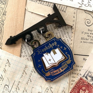 Bookstore shop sign enamel pin, bookshop pin, hanging shop sign pin, bookish enamel pin