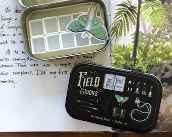 Field studies EMPTY watercolor magnetic paint tin, portable paint palette, watercolor gouache travel box, dark academia