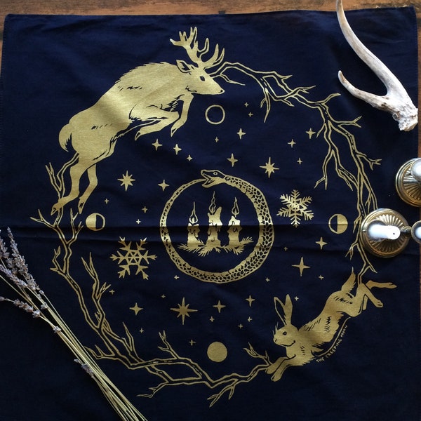 Ritual cloth - winter edition, screen printed altar cloth, pagan cloth, witchy bandana, witchcraft, tarot reading cloth, yule cloth