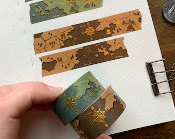 Fantasy maps gold foil printed washi tape, 20mm washi tape, cartography washi tape, map washi, dnd washi, ttrpg washi