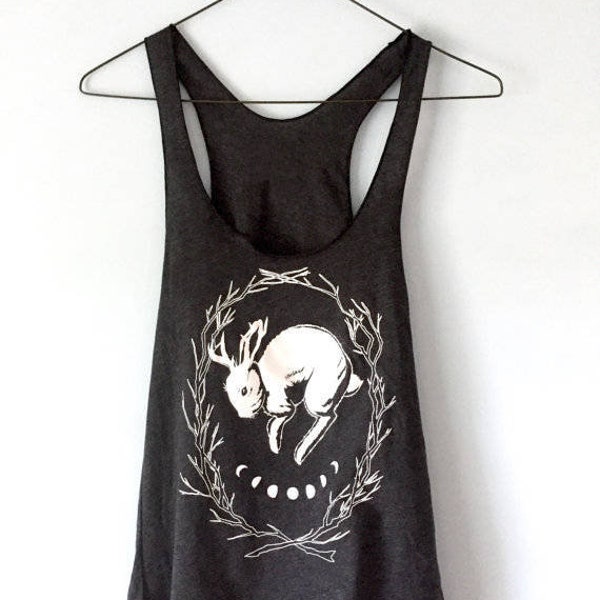 Womens tank top, jackalope rabbit tank top in dark grey, occult, goth, nature inspired, witchy