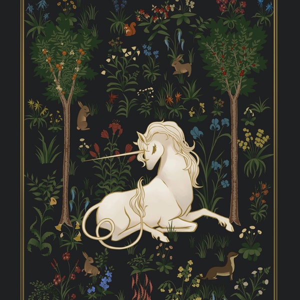 8x10 fine art print, "Unicorn Woods" forest unicorn art, mythical fantasy creature, medieval tapestry art, heraldic art, fairytale art