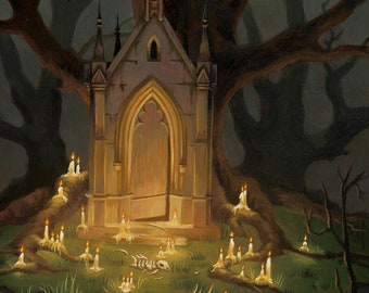 Desecrated Grounds 7x10 fine art print, horror art, dark fantasy art, graveyard swamp, ominous art, haunted mausoleum
