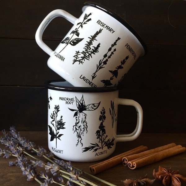 Witch's Herbs enamel mug, camping campfire mug, hygge, cozy, kitchen witch mug, green witch, witchcraft, witchy goth