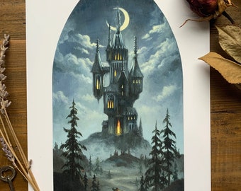 Vampire castle 7x10 fine art print, Dracula castle, dark fantasy landscape, fantasy castle, dark castle