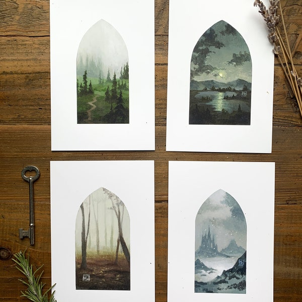 Cathedral mini prints 4-pack, tiny landscape paintings