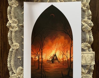 The Omen - 7x10 fine art print, witchy art, ominous art, wildfire, destruction, gothic art, eclipse