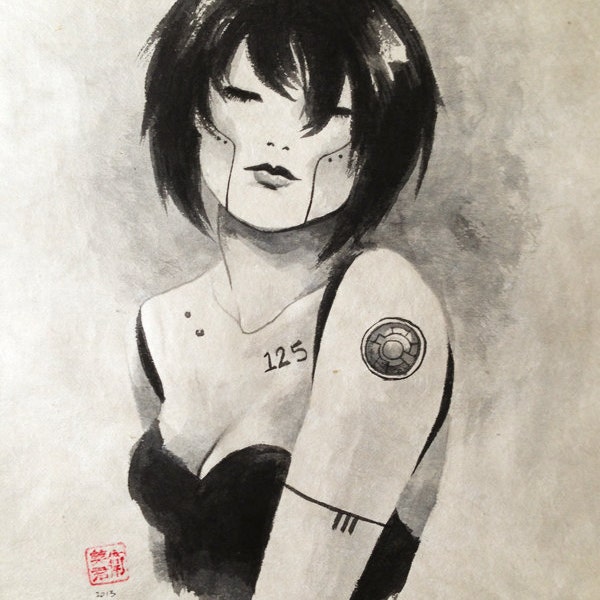 Sumi e peinture - calligraphie grande dessin d'une fille de robot futuriste sur papier fait main - Japanese sci inspiré fi art original
