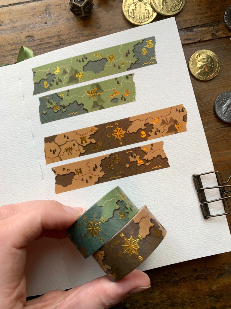 Fantasy maps gold foil printed washi tape, 20mm washi tape, cartography washi tape, map washi, dnd washi, ttrpg washi image 1