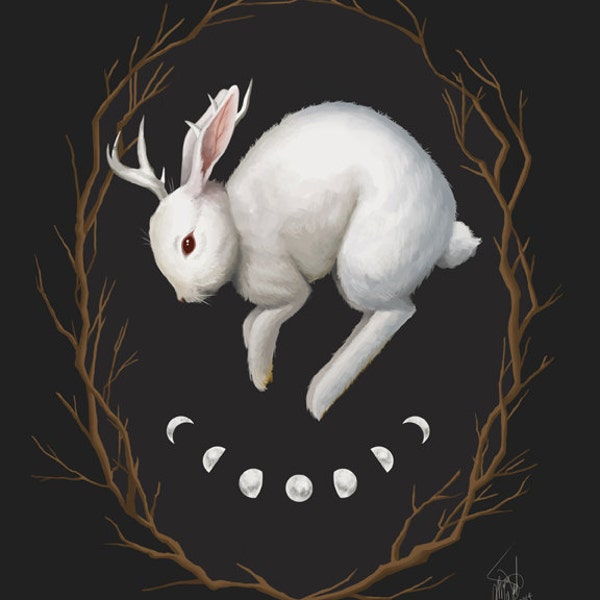 Midnight Run, 8x10 fine art giclee print, jackalope painting, rabbit, witchy, archival print, gothic art, dark nature, occult artwork