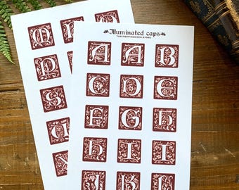 Red illuminated letters sticker sheet, alphabet sticker sheet, illuminated letters, dark academia, washi stickers, drop cap letters