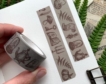 Vintage sketches washi tape, 20mm washi tape, dark academia, bookish washi