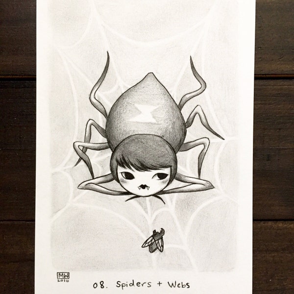 Original pencil and ink drawing, Drawlloween 2016 #8 - spiders and webs, spider art, arachnid art, spider girl, creepy cute, Halloween art