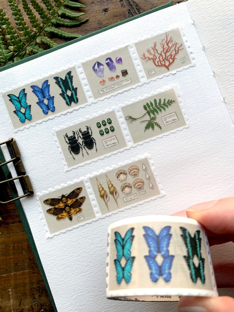 May include: Decorative washi tape roll featuring butterfly designs in shades of blue and green. The tape is shown next to a series of postage stamp-like images with various nature-themed illustrations, including crystals, insects, and coral.