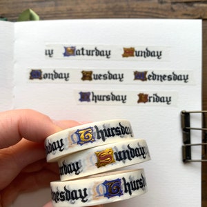 Days of the week 10mm medieval inspired washi tape, planner washi, gold foil washi, bujo washi, 10mm washi, illuminated letters image 1