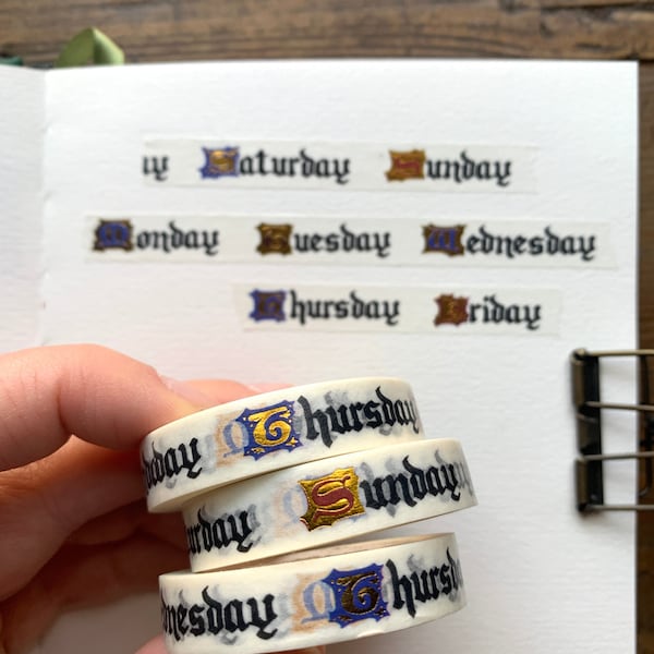 Cinta washi de 10 mm con inspiración medieval, washi para planificador, washi dorado, washi bujo, washi de 10 mm, letras iluminadas.