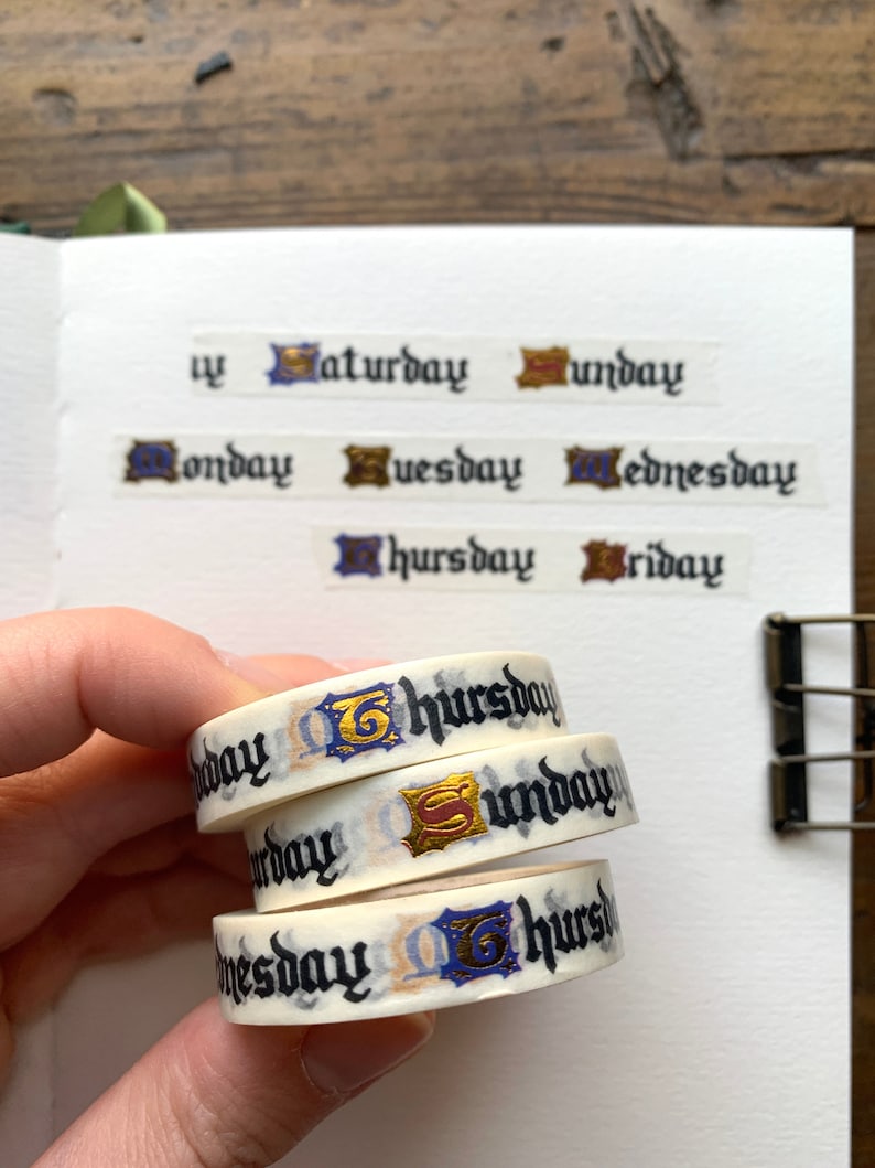 Days of the week 10mm medieval inspired washi tape, planner washi, gold foil washi, bujo washi, 10mm washi, illuminated letters image 1