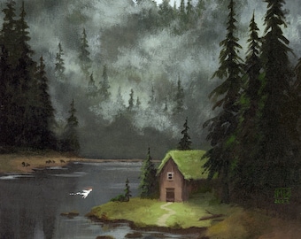 Forest cabin 8x10 fine art print, fantasy art, fairy tale, witchy art, cozy art