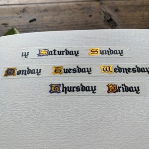 Days of the week 10mm medieval inspired washi tape, planner washi, gold foil washi, bujo washi, 10mm washi, illuminated letters image 2