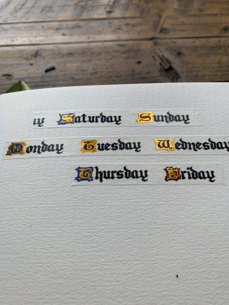 Days of the week 10mm medieval inspired washi tape, planner washi, gold foil washi, bujo washi, 10mm washi, illuminated letters image 2