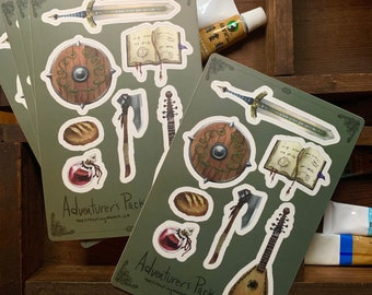 Adventurer's pack sticker sheet, vinyl stickers, D&D stickers, DnD stationery, DnD 5e, fantasy stickers, RPG stickers