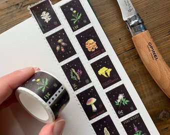 Foraging stamp washi tape, not actual postage, mushroom washi, botanical washi, dark academia, botanical stationery