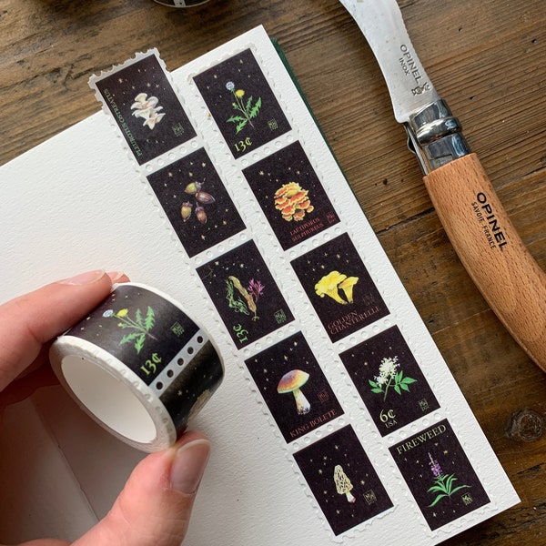 Foraging stamp washi tape, not actual postage, mushroom washi, botanical washi, dark academia, botanical stationery