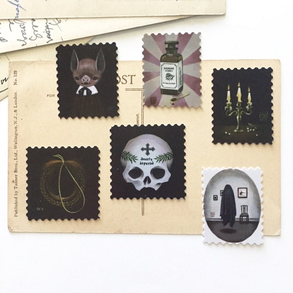 Sticker pack #1, artistamps, faux postage, creepy goth stickers, bat, candle, skull, ghost, pop surrealism, stationery, scrapbooking
