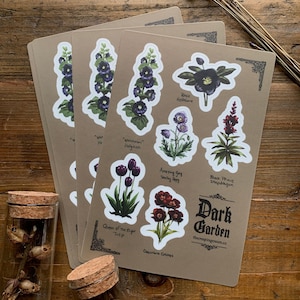 Foglio di adesivi per giardini scuri, adesivi in vinile, adesivi floreali, fiori scuri, arte botanica scura
