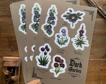 Dark garden sticker sheet, vinyl stickers, floral stickers, dark floral, dark botanical art