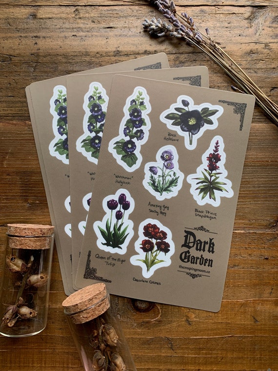 Dark garden sticker sheet, vinyl stickers, floral stickers, dark floral,  dark botanical art