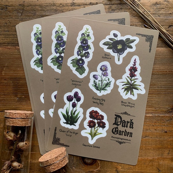 Dark garden sticker sheet, vinyl stickers, floral stickers, dark floral, dark botanical art
