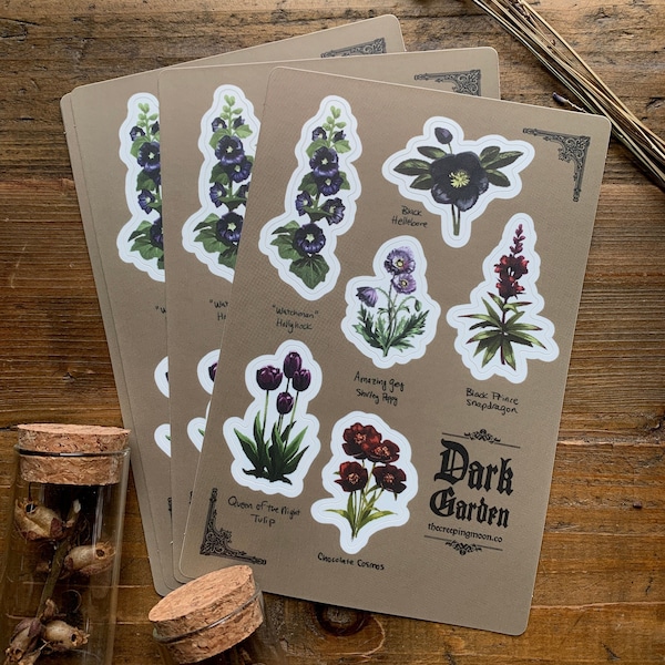 Dark garden sticker sheet, vinyl stickers, floral stickers, dark floral, dark botanical art