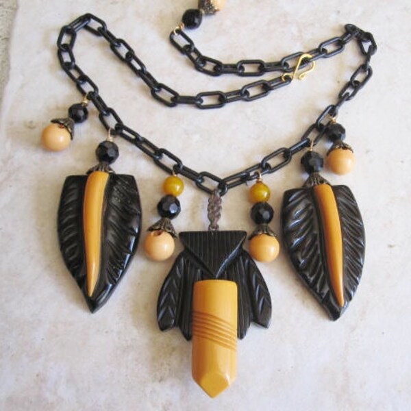 Sculptural, Figural Statement Piece, Assemblage Necklace of 1930s, 1940s Butterscotch, Amber and Black Carved Bakelite