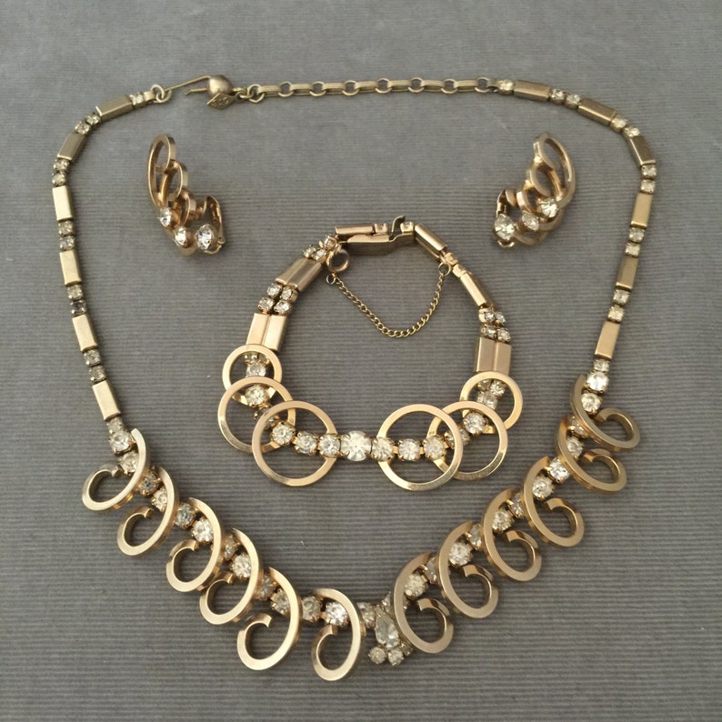 Rhinestone Bracelet and Earring Set Lovely 50s SAC Sarah Coventry Demi Parure Gold Necklace Bridal