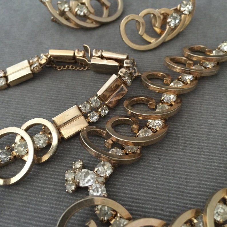 Rhinestone Bracelet and Earring Set Lovely 50s SAC Sarah Coventry Demi Parure Gold Necklace Bridal