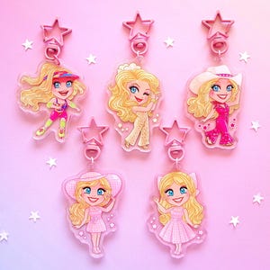 Keychains Blond Doll Movie Acrylic Charms Cute Gifts Collector Perfect Day Pink Western Gold Disco Beach Roller Skates Margot